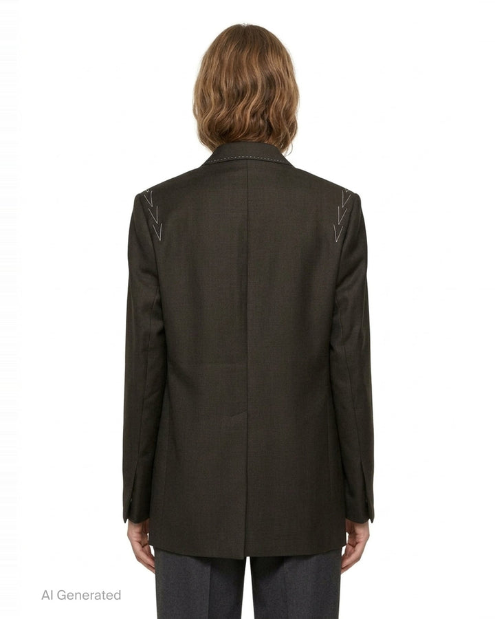 Sonia Carrasco Fundamental Blazer in dark tonal check fabric with white contrast topstitching along lapels and seams, arrow embroidery at shoulders, three antique brass buttons, and patch pockets at hem - back