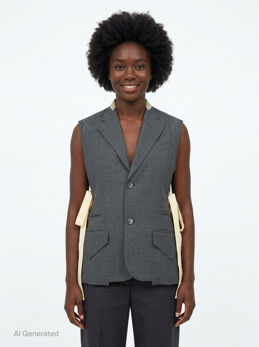 Sonia Carrasco Side Cut Blazer Vest in charcoal grey with open side panels revealing cream canvas interfacing and ribbon trim, notched lapel, and two-button front closure - front