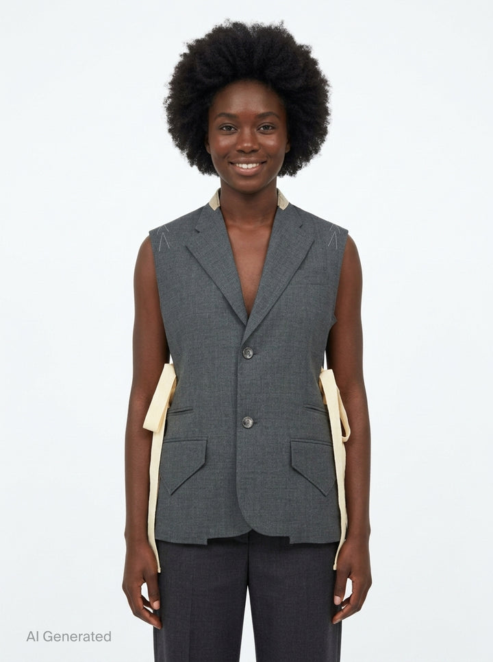 Sonia Carrasco Side Cut Blazer Vest in charcoal grey with open side panels revealing cream canvas interfacing and ribbon trim, notched lapel, and two-button front closure - front