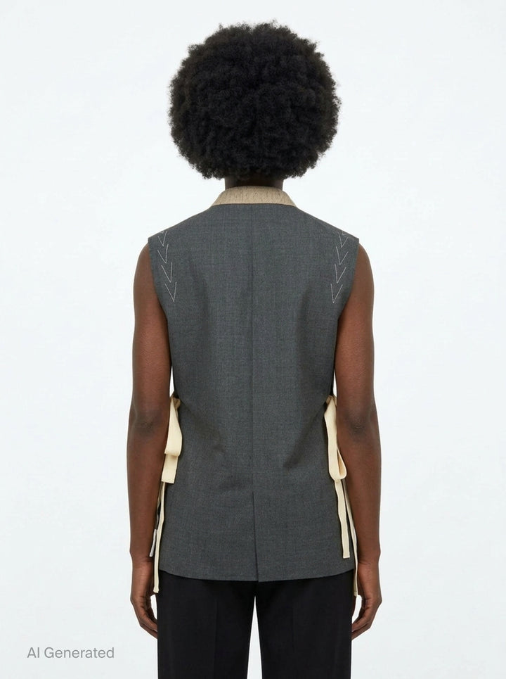 Sonia Carrasco Side Cut Blazer Vest in charcoal grey with open side panels revealing cream canvas interfacing and ribbon trim, notched lapel, and two-button front closure - back