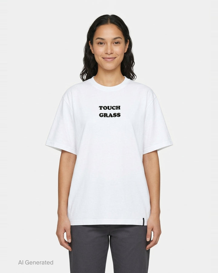 Stella McCartney Abbey Road Boyfriend Tee in acid-washed cobalt blue with a circular psychedelic logo graphic in white and aqua, crew neckline and short sleeves, front view on white background - front