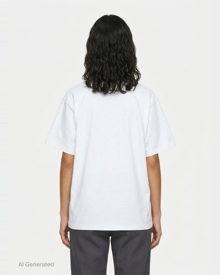Stella McCartney Abbey Road Boyfriend Tee in acid-washed cobalt blue with a circular psychedelic logo graphic in white and aqua, crew neckline and short sleeves, front view on white background - back