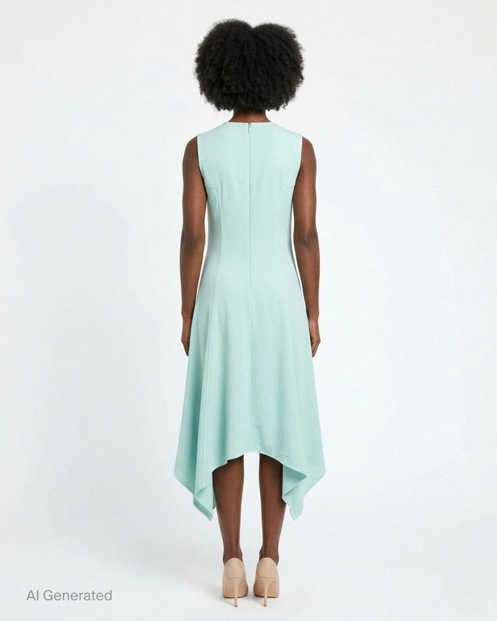 Stella McCartney sleeveless aqua mint midi dress with asymmetric handkerchief hem and centre-front seam detailing on white background - back