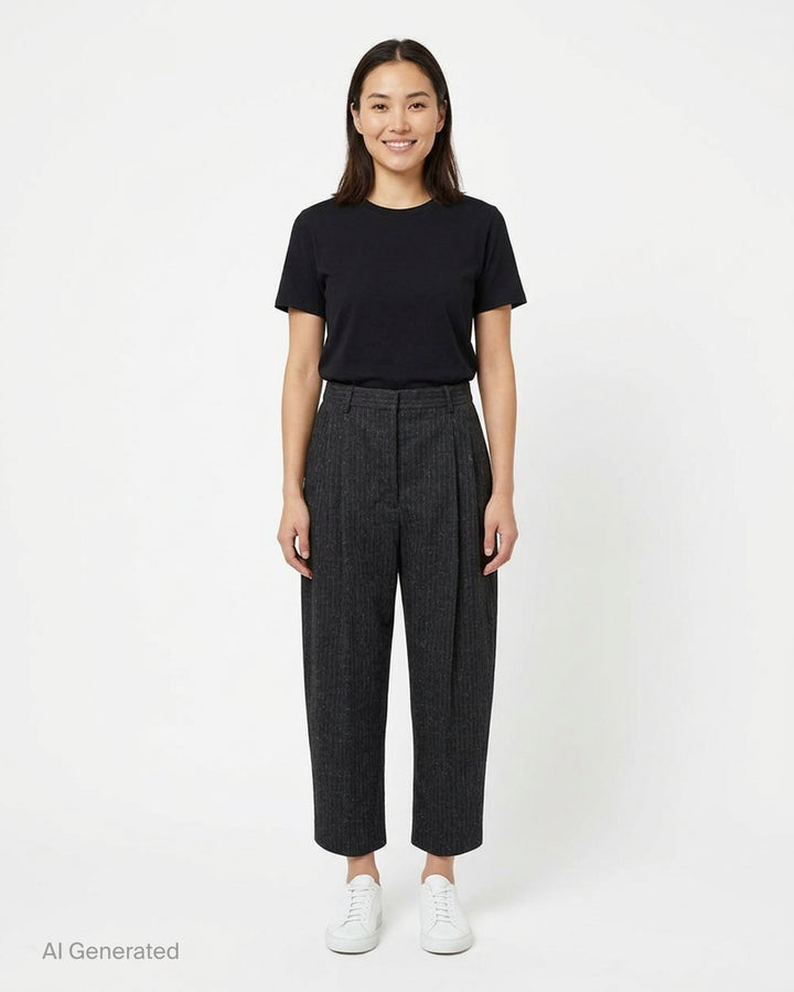Stella McCartney Balloon Tapered Cropped Pants in dark metallic pinstripe, featuring a high waist, forward pleats, and a sculpted balloon silhouette tapering to a cropped hem - front