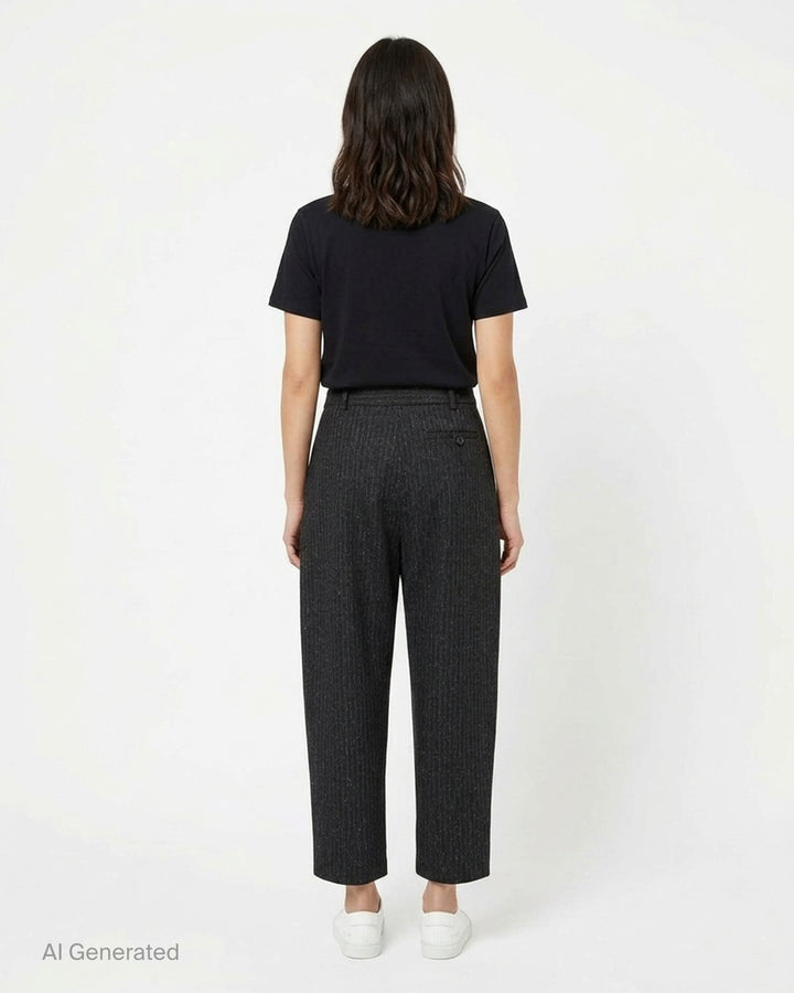 Stella McCartney Balloon Tapered Cropped Pants in dark metallic pinstripe, featuring a high waist, forward pleats, and a sculpted balloon silhouette tapering to a cropped hem - back