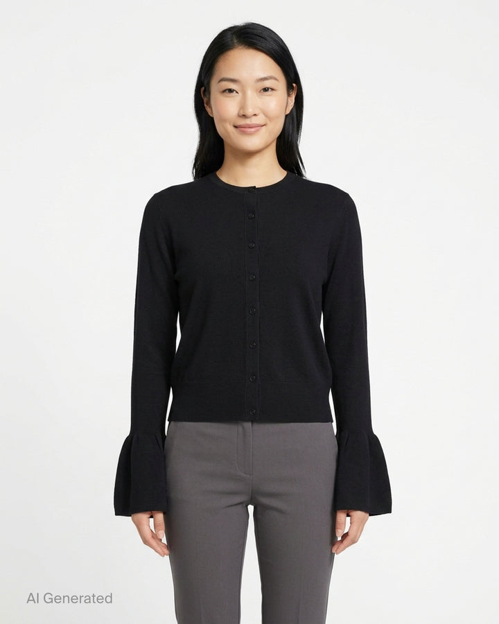 Stella McCartney red compact knit button-front cardigan with dramatic fluted bell sleeves and tonal dark red buttons - front