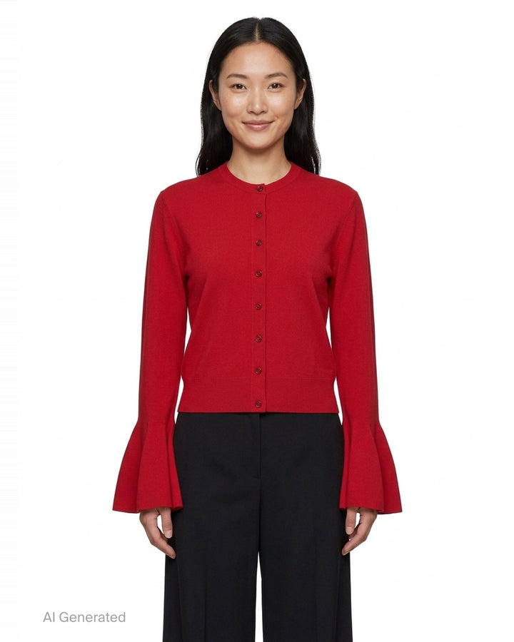 Stella McCartney red compact knit button-front cardigan with dramatic fluted bell sleeves and tonal dark red buttons - front
