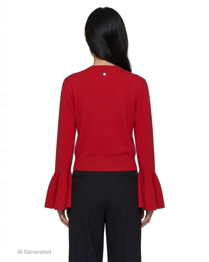 Stella McCartney red compact knit button-front cardigan with dramatic fluted bell sleeves and tonal dark red buttons - back