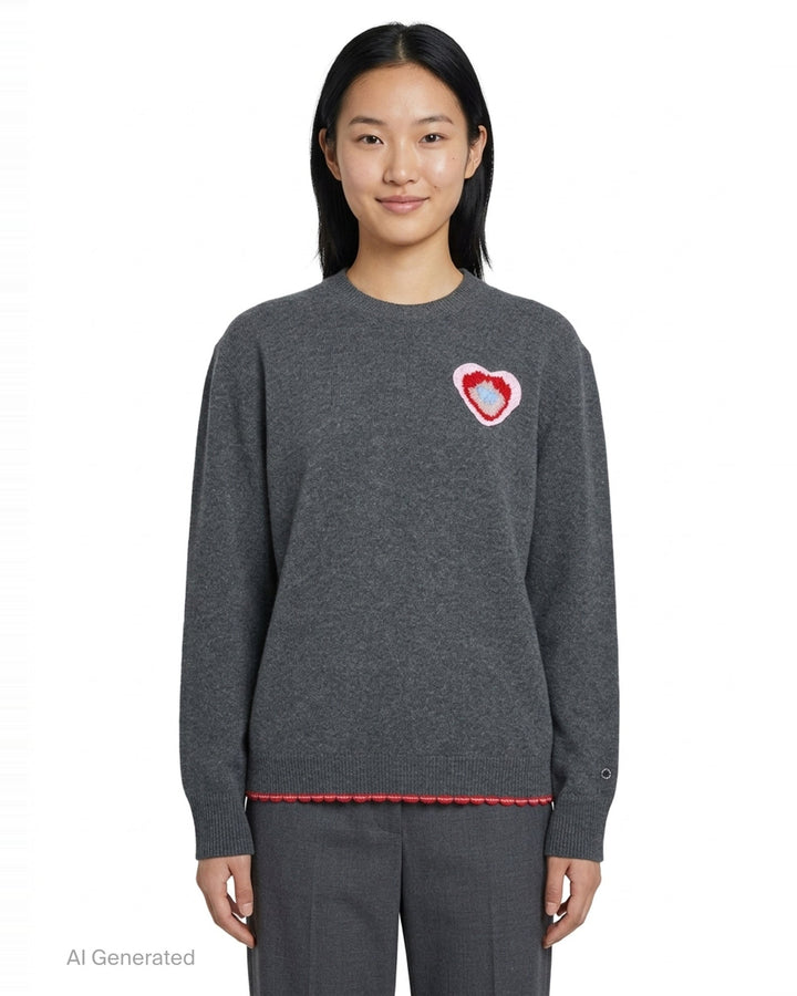Stella McCartney heather grey wool jumper with multicolour crochet heart appliqué at the chest and red scalloped logo hem trim, front view - front