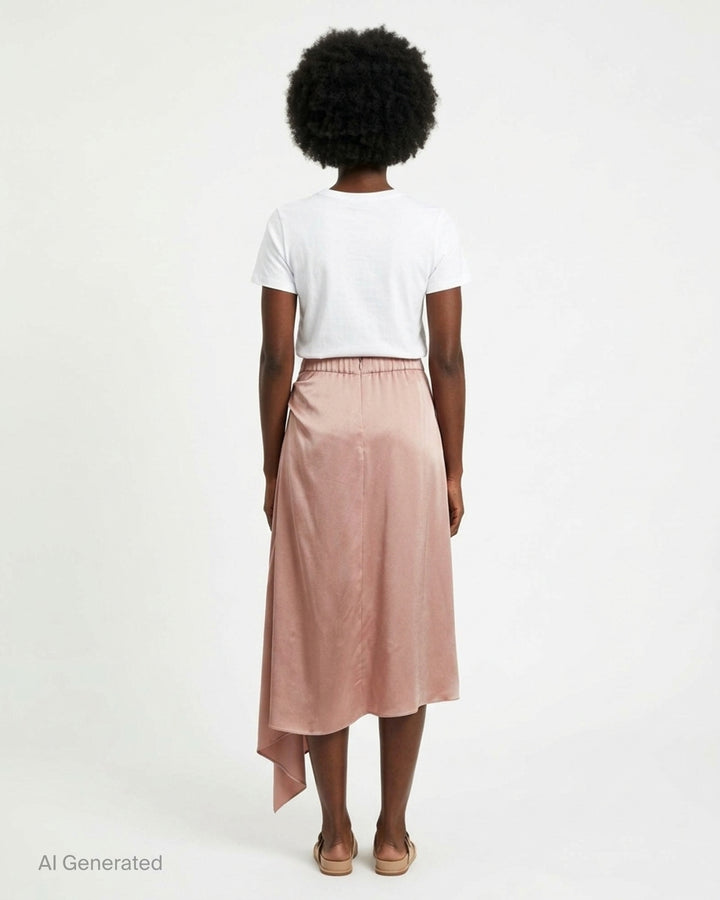 Stella McCartney blush rose draped satin asymmetric midi skirt with gathered ruched waist and waterfall hem - back