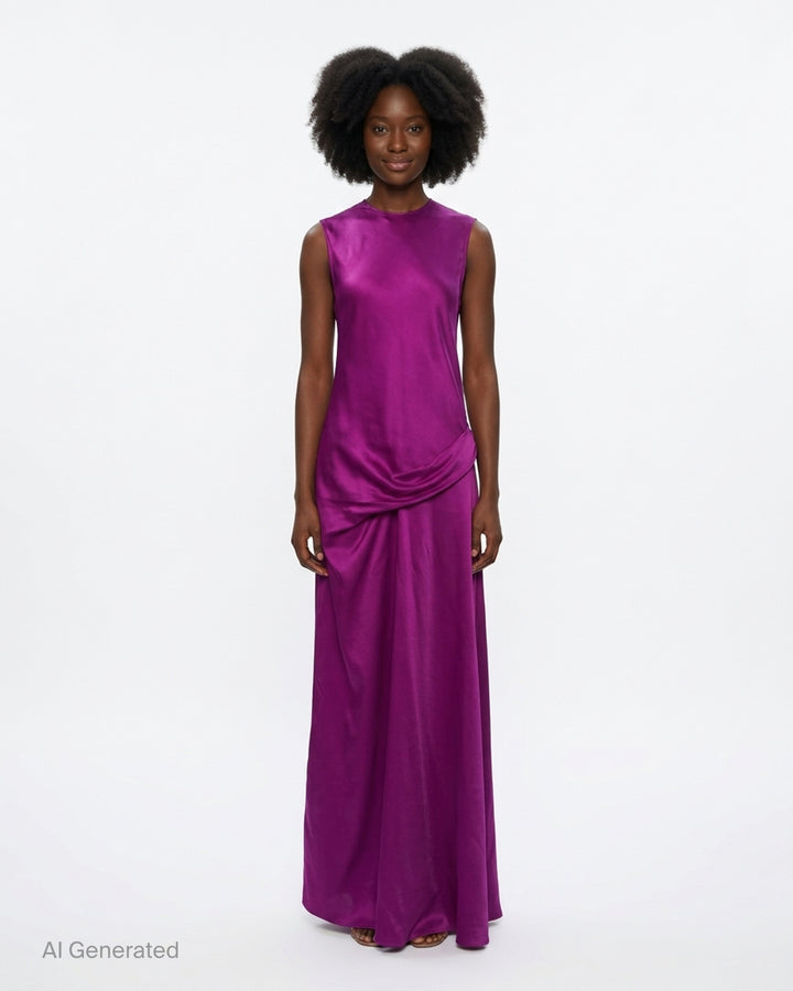 Stella McCartney Draped Satin Gown in magenta, sleeveless floor-length silhouette with gathered hip draping and luminous satin finish - front
