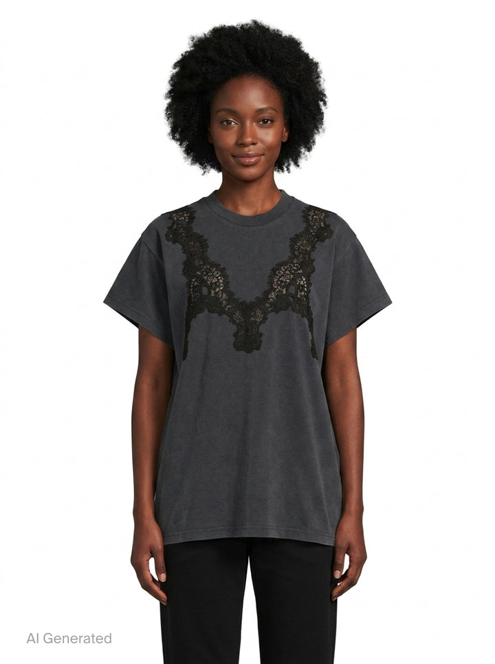 Lace Mix Washed Jersey Tee | Stella McCartney | Club21 - front