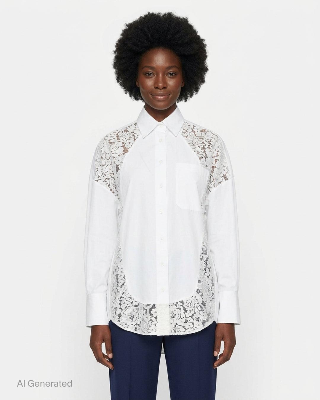 Stella McCartney white cotton poplin shirt with sheer floral lace panels at the shoulders, sides, and hem, featuring a pointed collar and mother-of-pearl button fastening - front