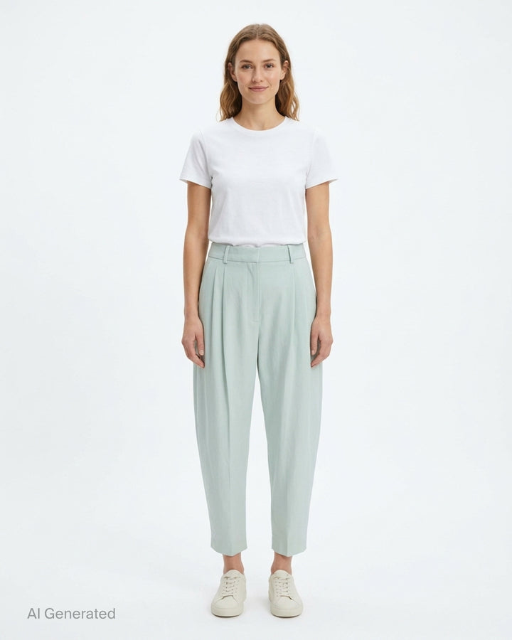 Stella McCartney mid rise balloon tailored pants in pale mint with double front pleats, belt loops, and a tapered cropped leg - front