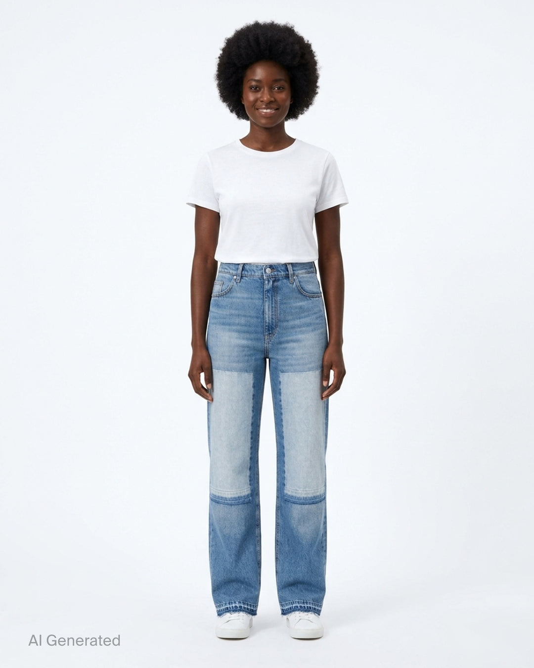 Stella McCartney Patchwork Straight Jeans in medium blue wash, featuring contrast lighter-wash denim panels at the thighs, high-rise waist, wide-leg silhouette, and raw-edge frayed hems - front