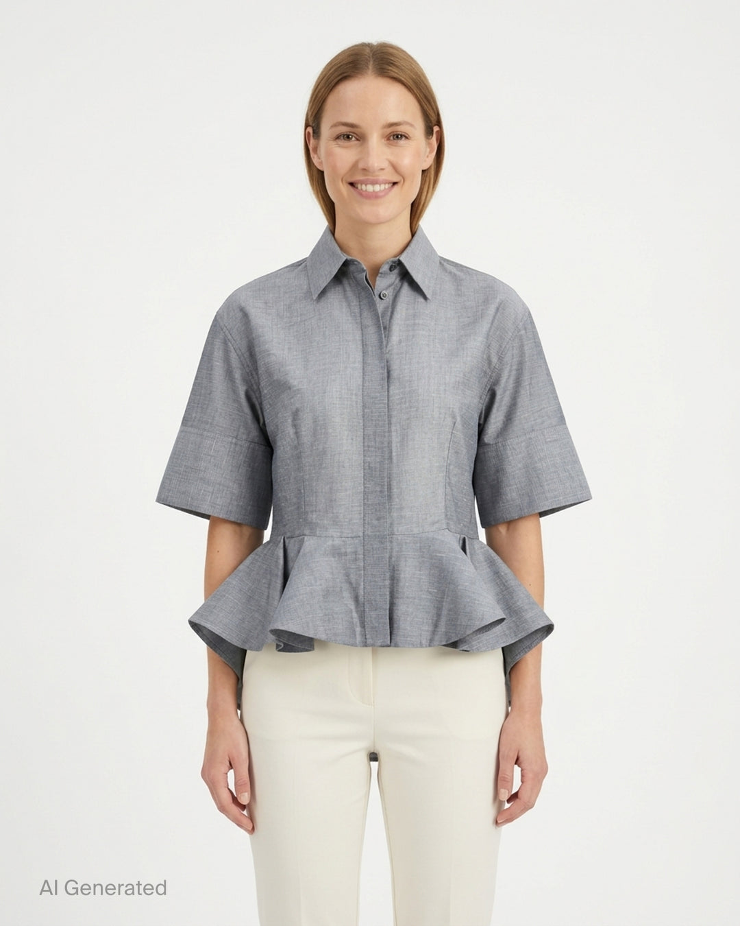 Stella McCartney white cotton poplin peplum shirt with wide elbow-length sleeves, pointed collar, concealed button placket, and structured flared peplum hem - front