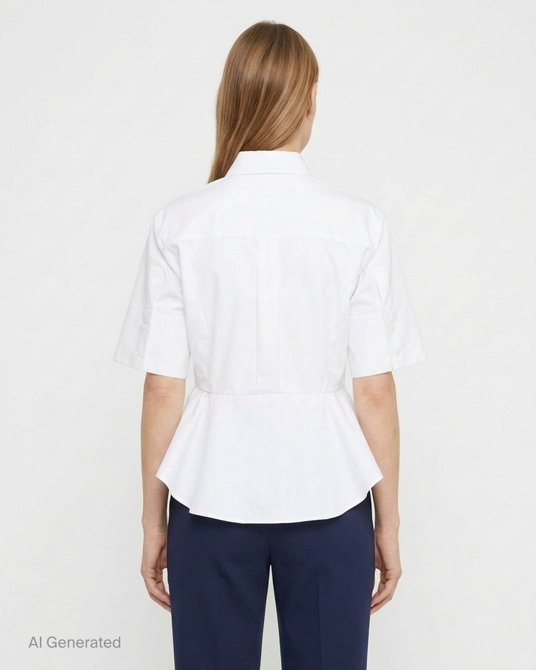 Stella McCartney white cotton poplin peplum shirt with wide elbow-length sleeves, pointed collar, concealed button placket, and structured flared peplum hem - back