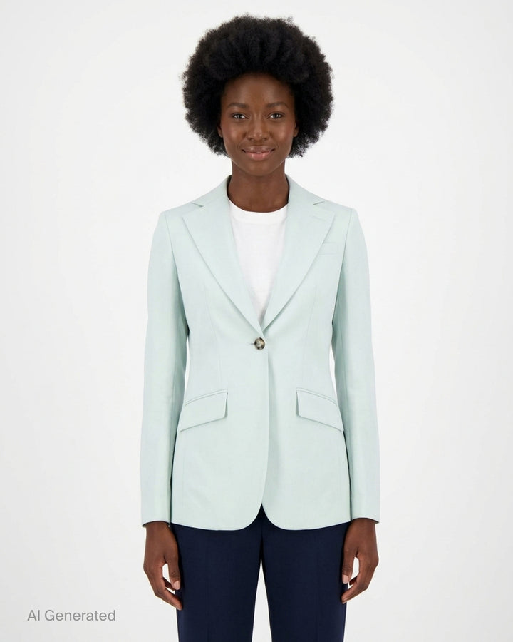 Stella McCartney Slim Flannel Blazer in pale mint with single tortoiseshell button, silver chain collar detail, and hip flap pockets — front view - front