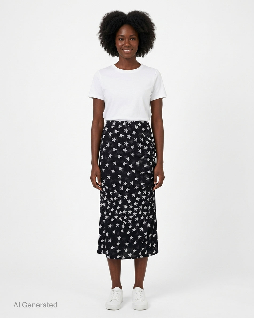 Stella McCartney black mesh midi skirt with all-over white star print and ruched side detailing, shown on a white background - front