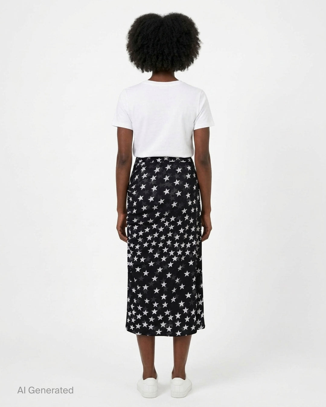 Stella McCartney black mesh midi skirt with all-over white star print and ruched side detailing, shown on a white background - back