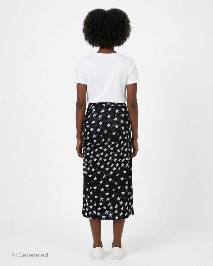 Stella McCartney black mesh midi skirt with all-over white star print and ruched side detailing, shown on a white background - back