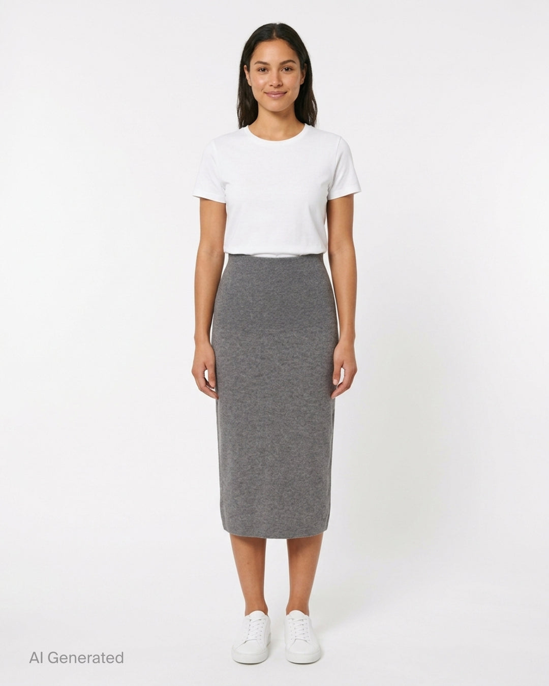 Stella McCartney Wool Knit Pencil Skirt in heathered grey, featuring a wide ribbed high waistband and slim midi-length silhouette - front