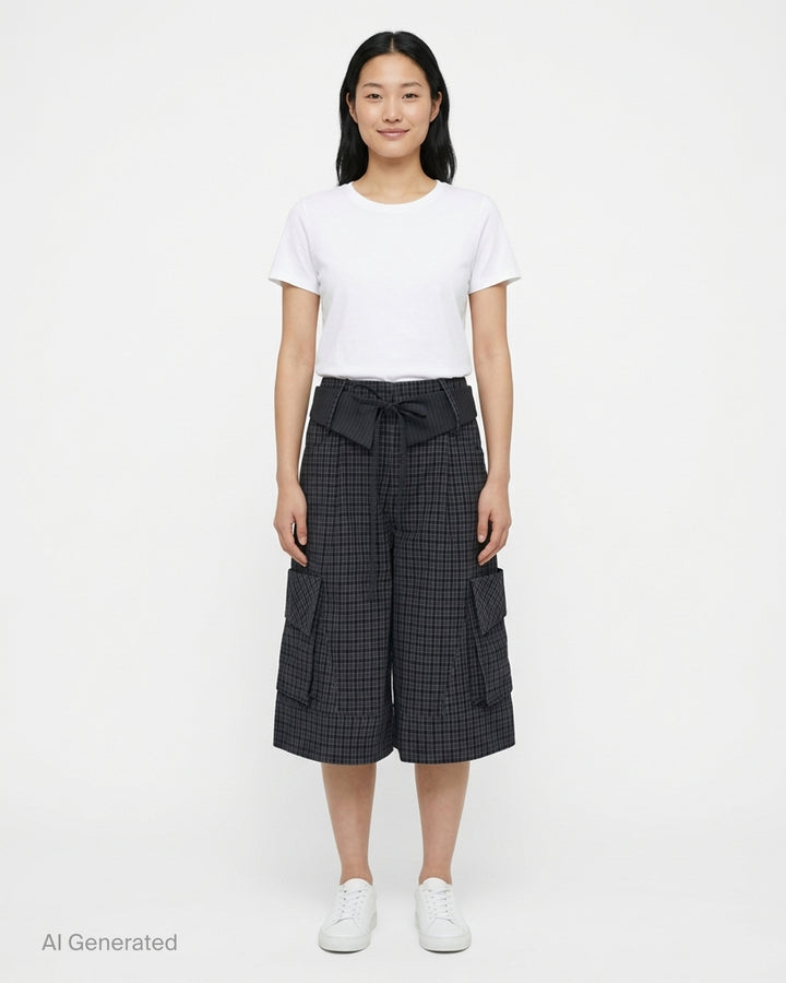 Sultry Virgin Curfew Gingham Cargo Pants in dark navy check with wide-leg silhouette, contrast pinstripe sash belt, and flap cargo pockets - front