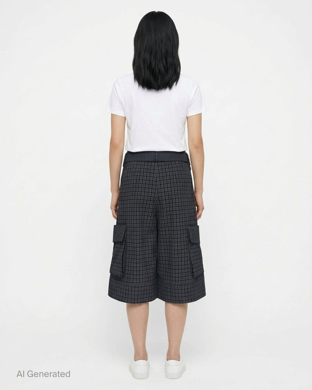 Sultry Virgin Curfew Gingham Cargo Pants in dark navy check with wide-leg silhouette, contrast pinstripe sash belt, and flap cargo pockets - back