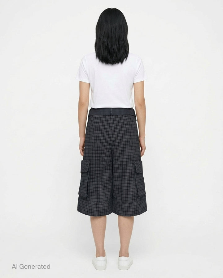 Sultry Virgin Curfew Gingham Cargo Pants in dark navy check with wide-leg silhouette, contrast pinstripe sash belt, and flap cargo pockets - back