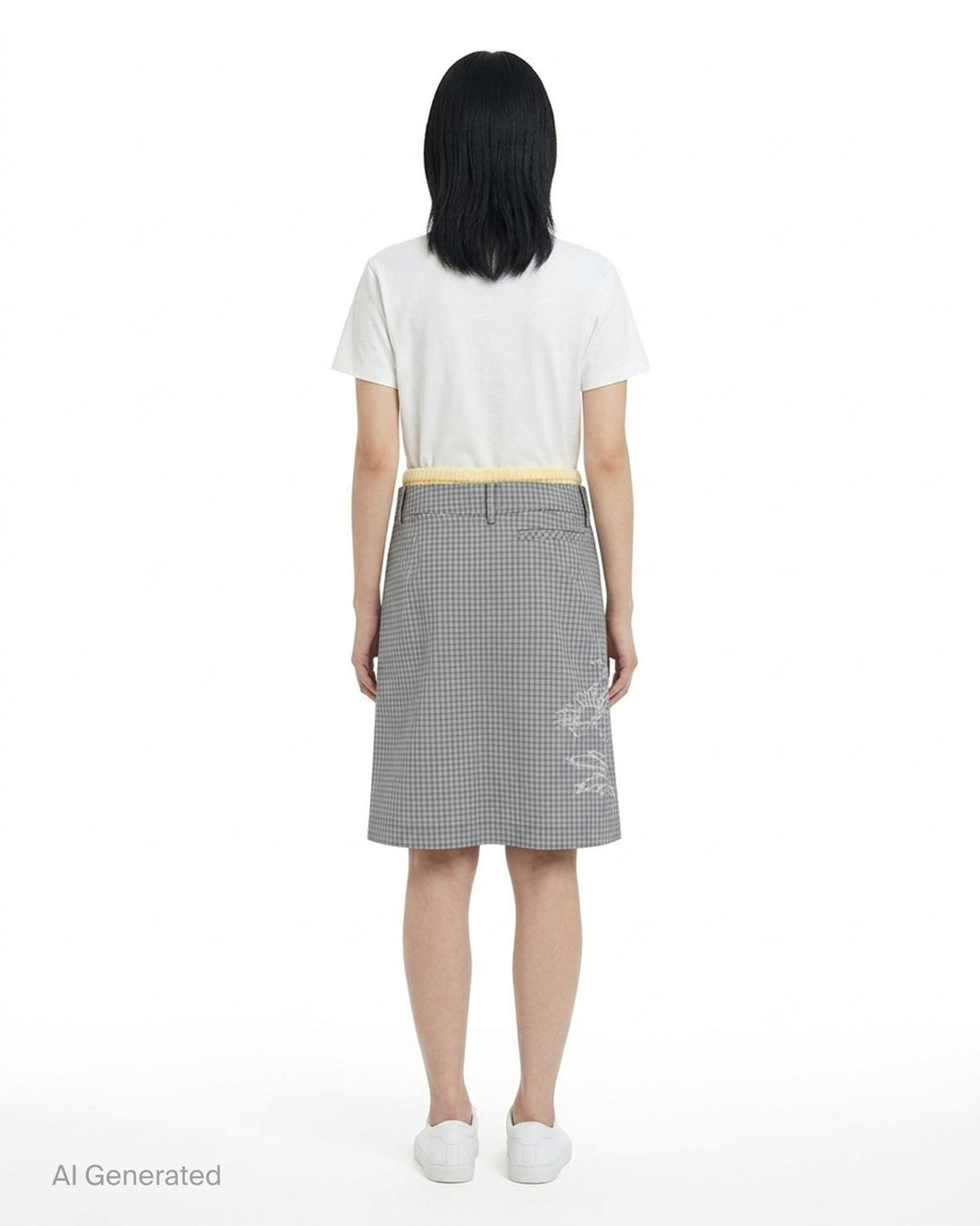 Sultry Virgin Freshman Deconstructed Gingham Skirt in grey check with yellow knit waistband, star embroidery, and 'Baby Angel' script detail on a white background - back