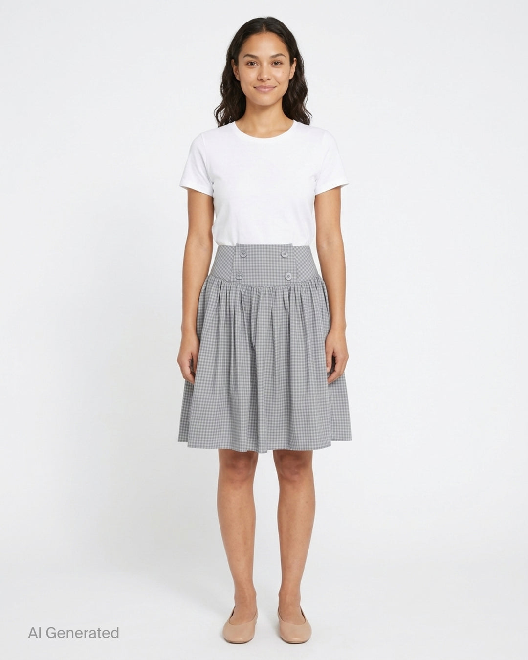 Sultry Virgin Alumna grey gingham A-line midi skirt with wide button-detailed waistband and gathered silhouette, product flat lay on white background - front