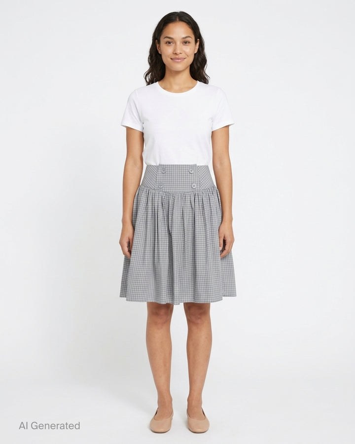 Sultry Virgin Alumna grey gingham A-line midi skirt with wide button-detailed waistband and gathered silhouette, product flat lay on white background - front
