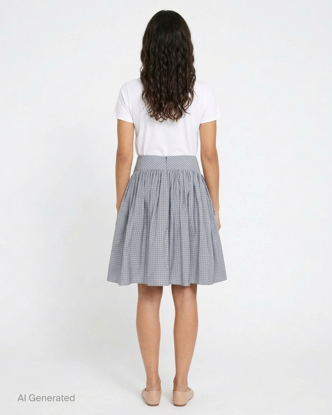 Sultry Virgin Alumna grey gingham A-line midi skirt with wide button-detailed waistband and gathered silhouette, product flat lay on white background - back