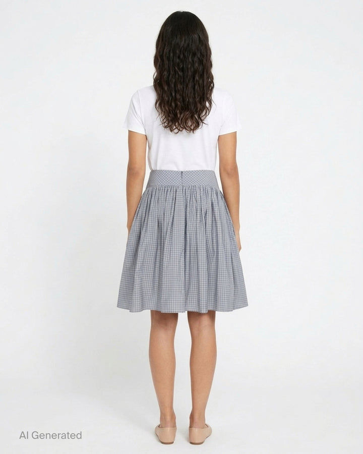 Sultry Virgin Alumna grey gingham A-line midi skirt with wide button-detailed waistband and gathered silhouette, product flat lay on white background - back