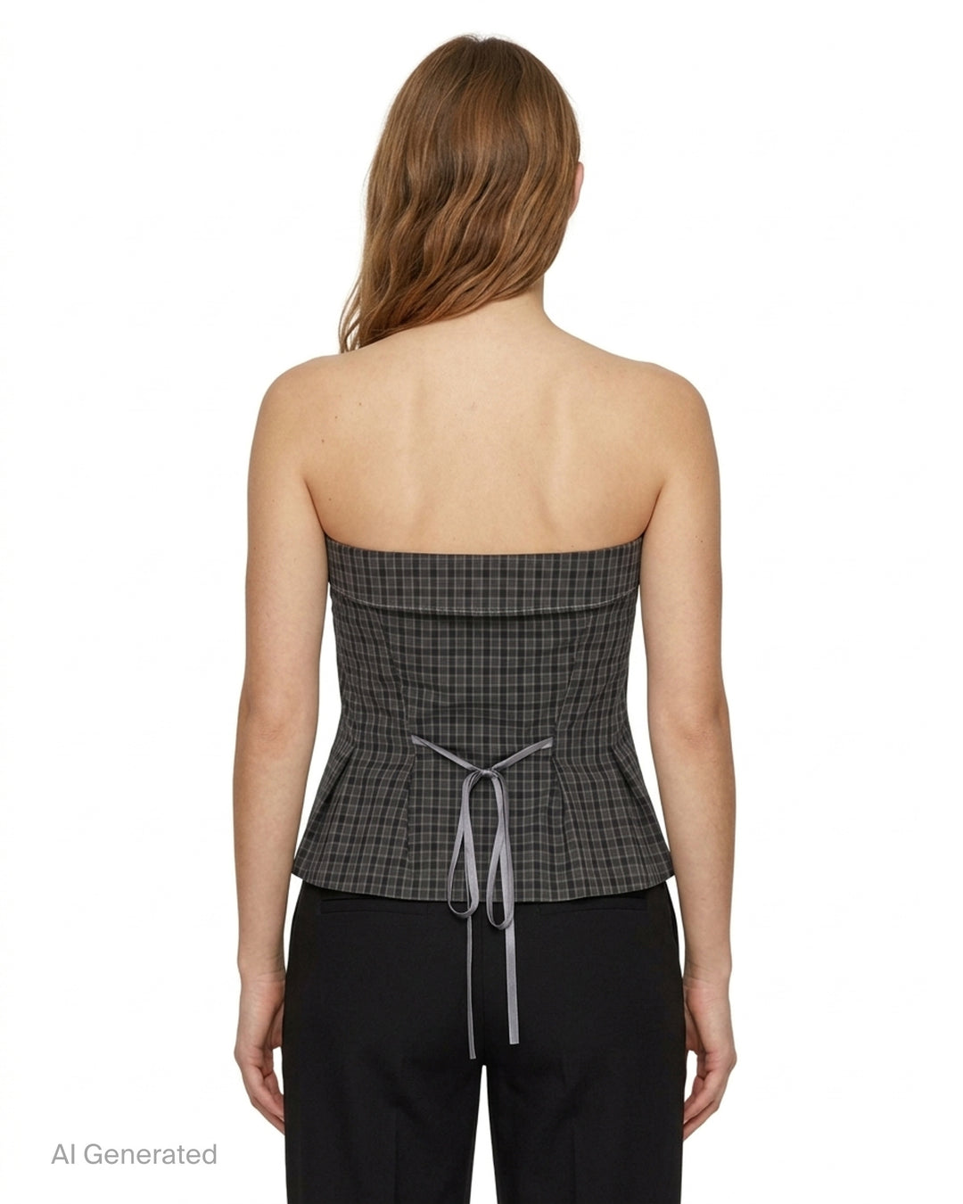 Sultry Virgin Gingham Shirting Tube Top in dark grey check with fold-over collar, self-covered button placket, contrast topstitching, and drawstring tie hem on a white background - back