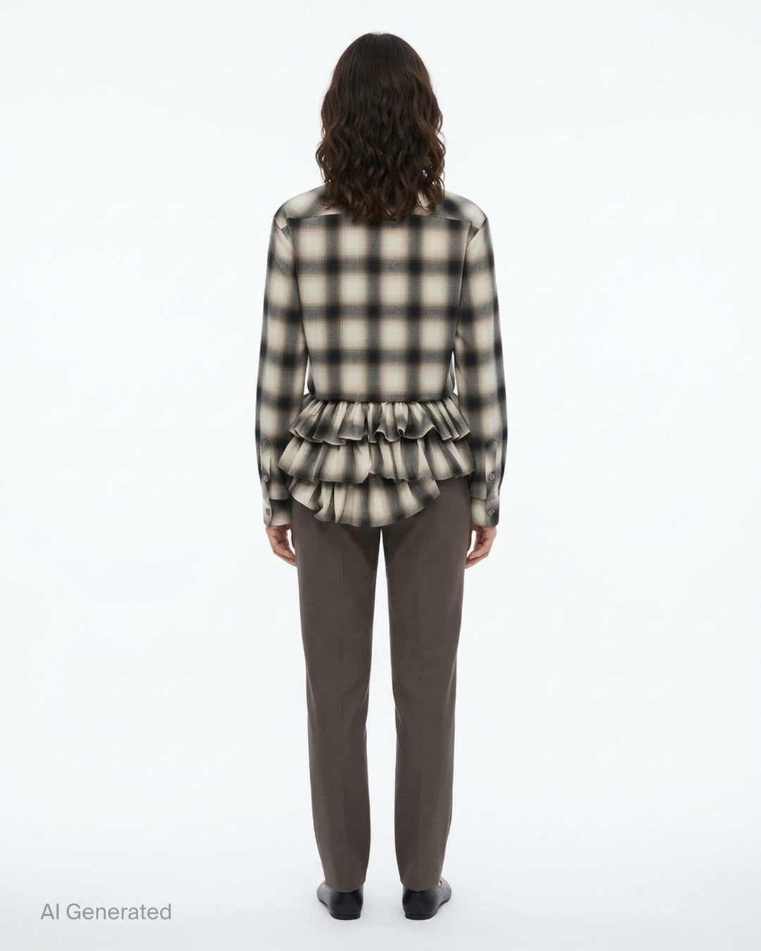 Sultry Virgin plaid tie-waist ruffle shirt in ombre charcoal and ivory check, featuring a point collar, button-front, long sleeves, and voluminous gathered ruffle hem with trailing tie detail - back