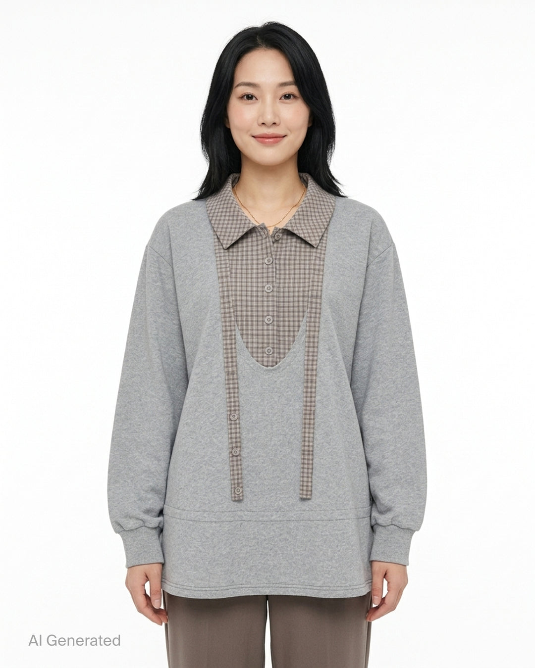 Sultry Virgin grey marl oversized sweatshirt with gingham check shirting collar and button placket insert, front view on white background - front