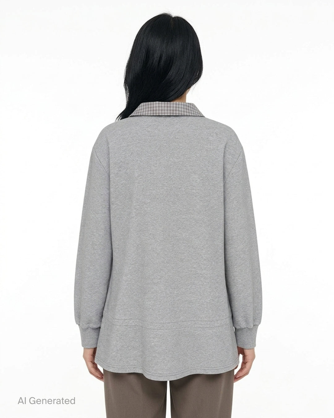 Sultry Virgin grey marl oversized sweatshirt with gingham check shirting collar and button placket insert, front view on white background - back