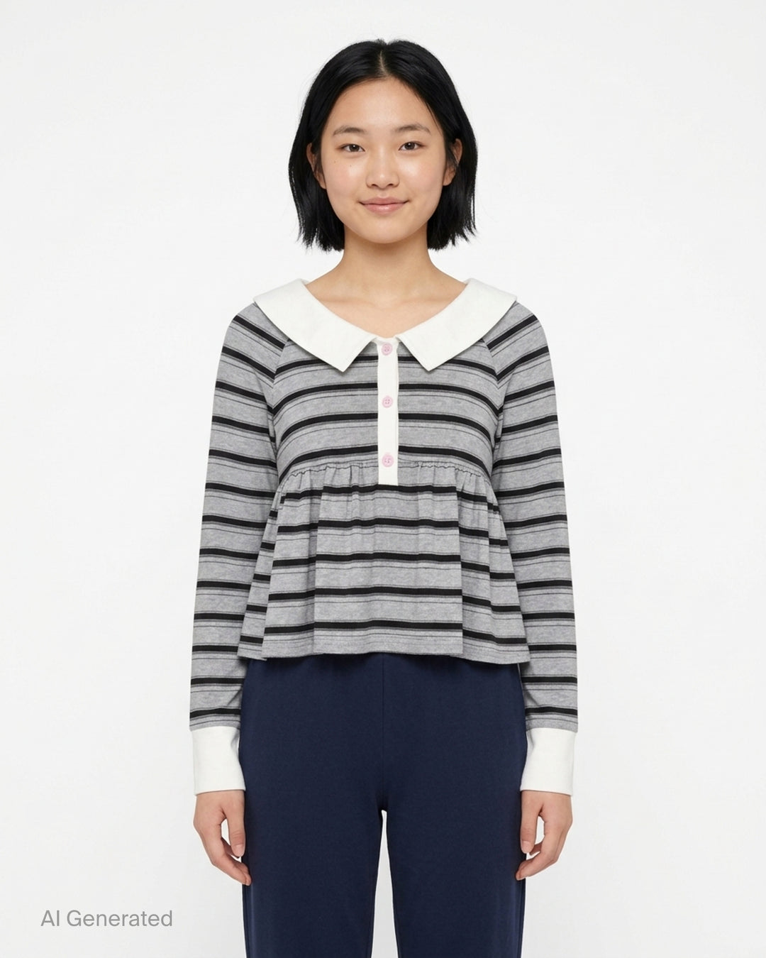 Sultry Virgin Stripe Babydoll Polo in grey and black stripes with a white Peter Pan collar, pink button placket, gathered peplum hem, and white cuff trim on long sleeves - front