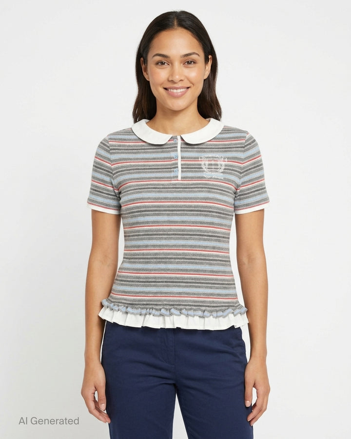Sultry Virgin Stripe Knit Polo featuring a white Peter Pan collar, short button placket, embroidered crest, multi-stripe knit in grey, blue, and red, and a ruffle hem with sheer tulle trim - front