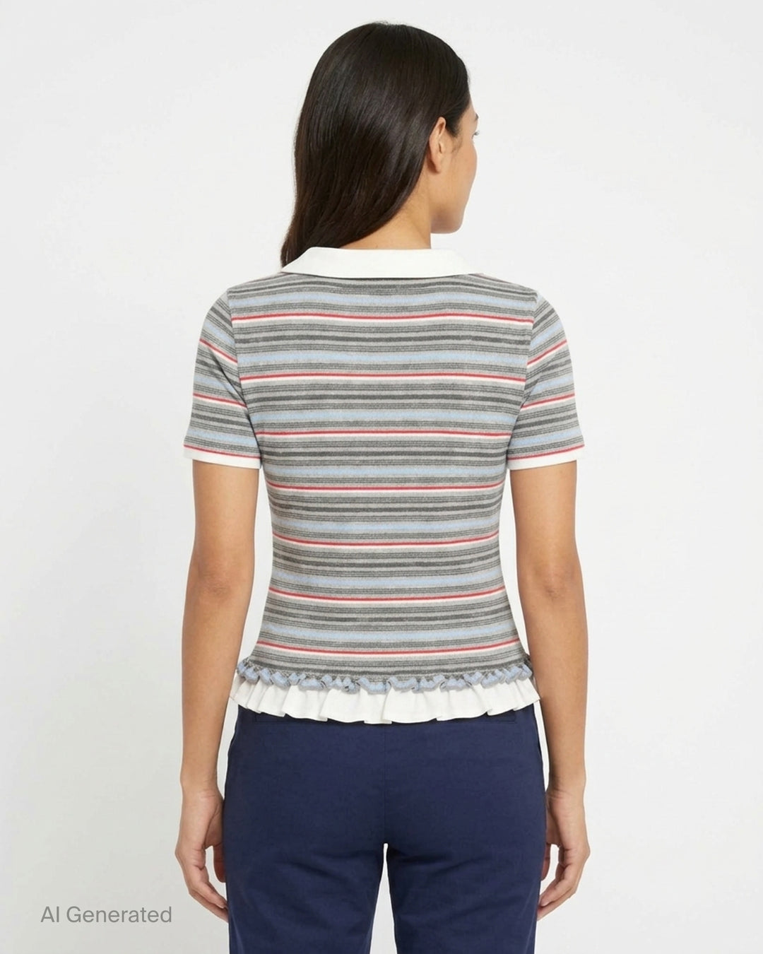 Sultry Virgin Stripe Knit Polo featuring a white Peter Pan collar, short button placket, embroidered crest, multi-stripe knit in grey, blue, and red, and a ruffle hem with sheer tulle trim - back