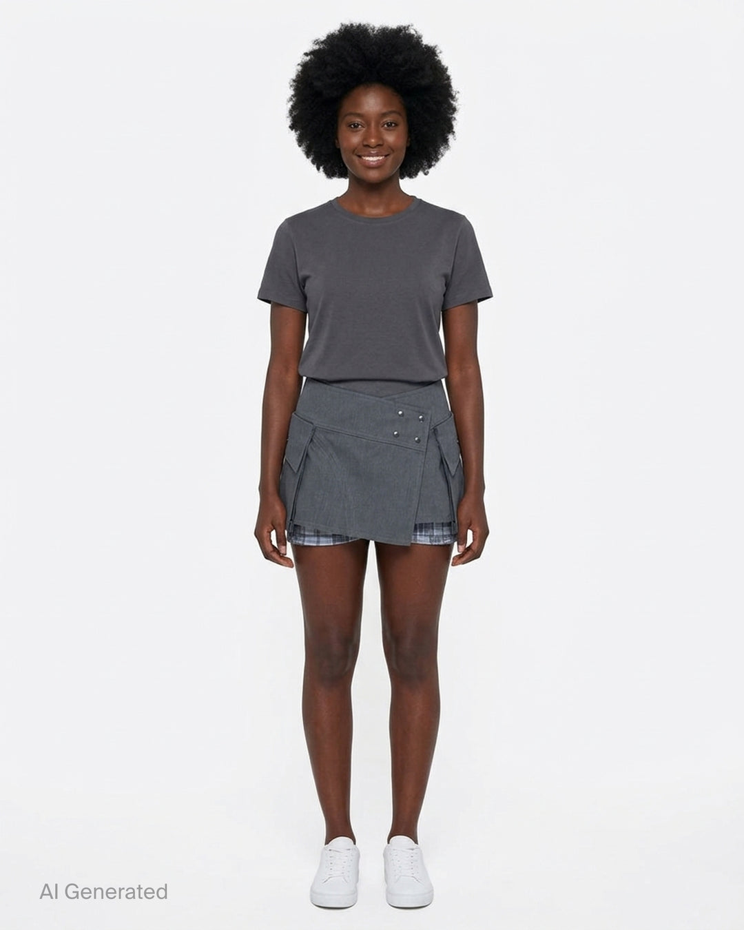 Sultry Virgin Utility Cargo Skort in grey suiting fabric, featuring a crossover wrap waistband with snap buttons, layered pleated panels, cargo pocket detailing, and a plaid underlay at the hem - front