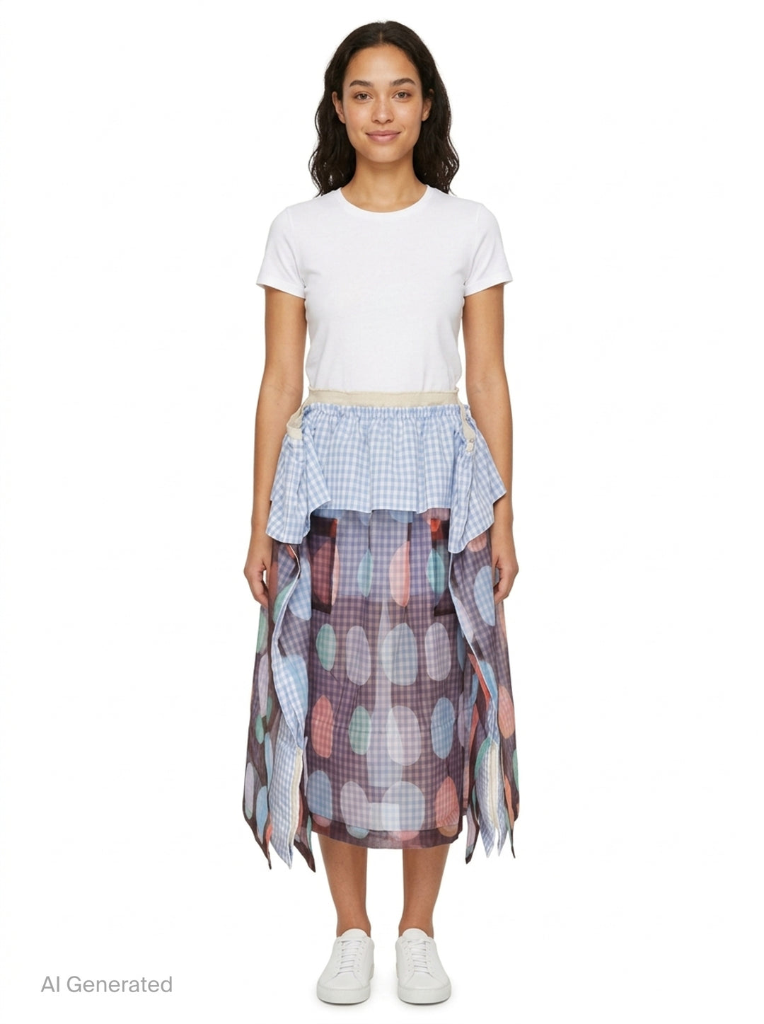 Tao gathered layered midi skirt with blue gingham cotton underlayer, ruffled peplum waist, and semi-sheer pastel polka-dot printed overlay with handkerchief hem edges - front