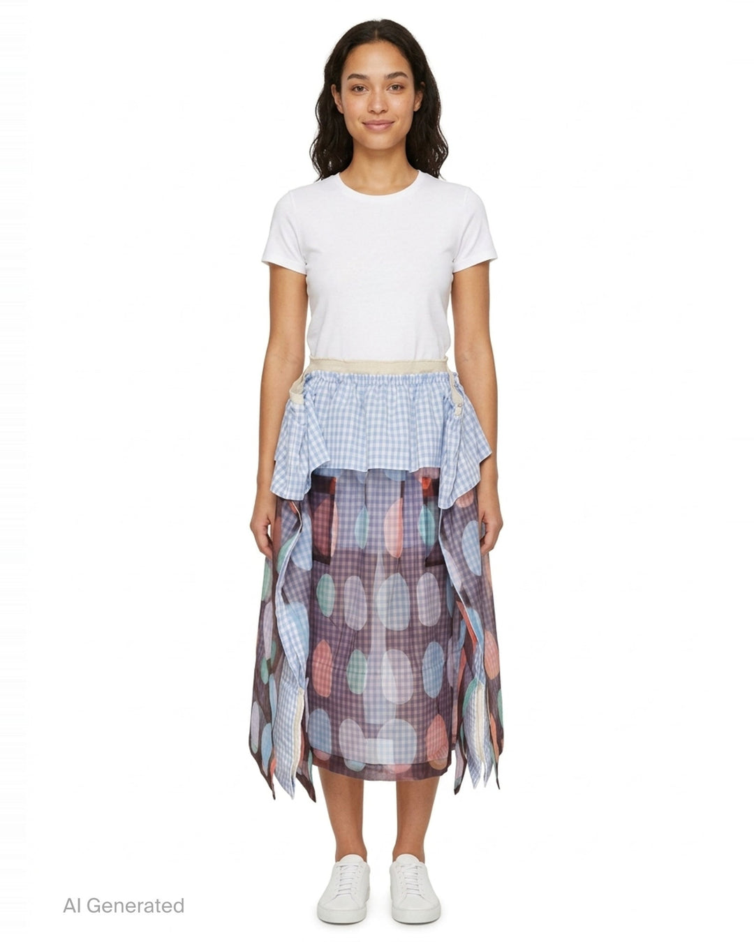 Tao gathered layered midi skirt with blue gingham cotton underlayer, ruffled peplum waist, and semi-sheer pastel polka-dot printed overlay with handkerchief hem edges - front