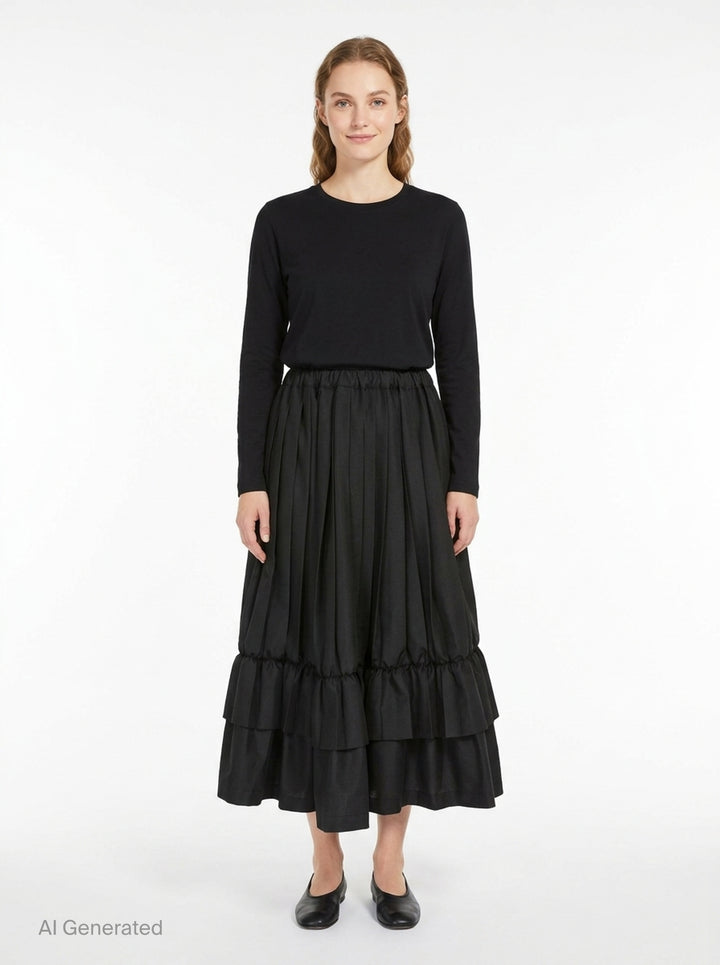 Tao black layered pleated midi skirt with elasticated waist, vertical pleats, gathered mid-section, and double-tiered ruffled hem, displayed on white background - front