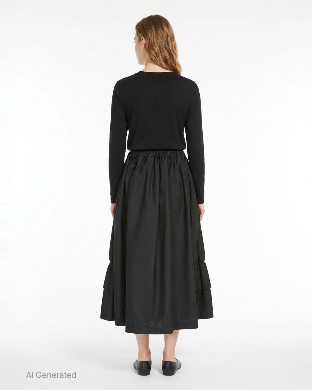 Tao black layered pleated midi skirt with elasticated waist, vertical pleats, gathered mid-section, and double-tiered ruffled hem, displayed on white background - back