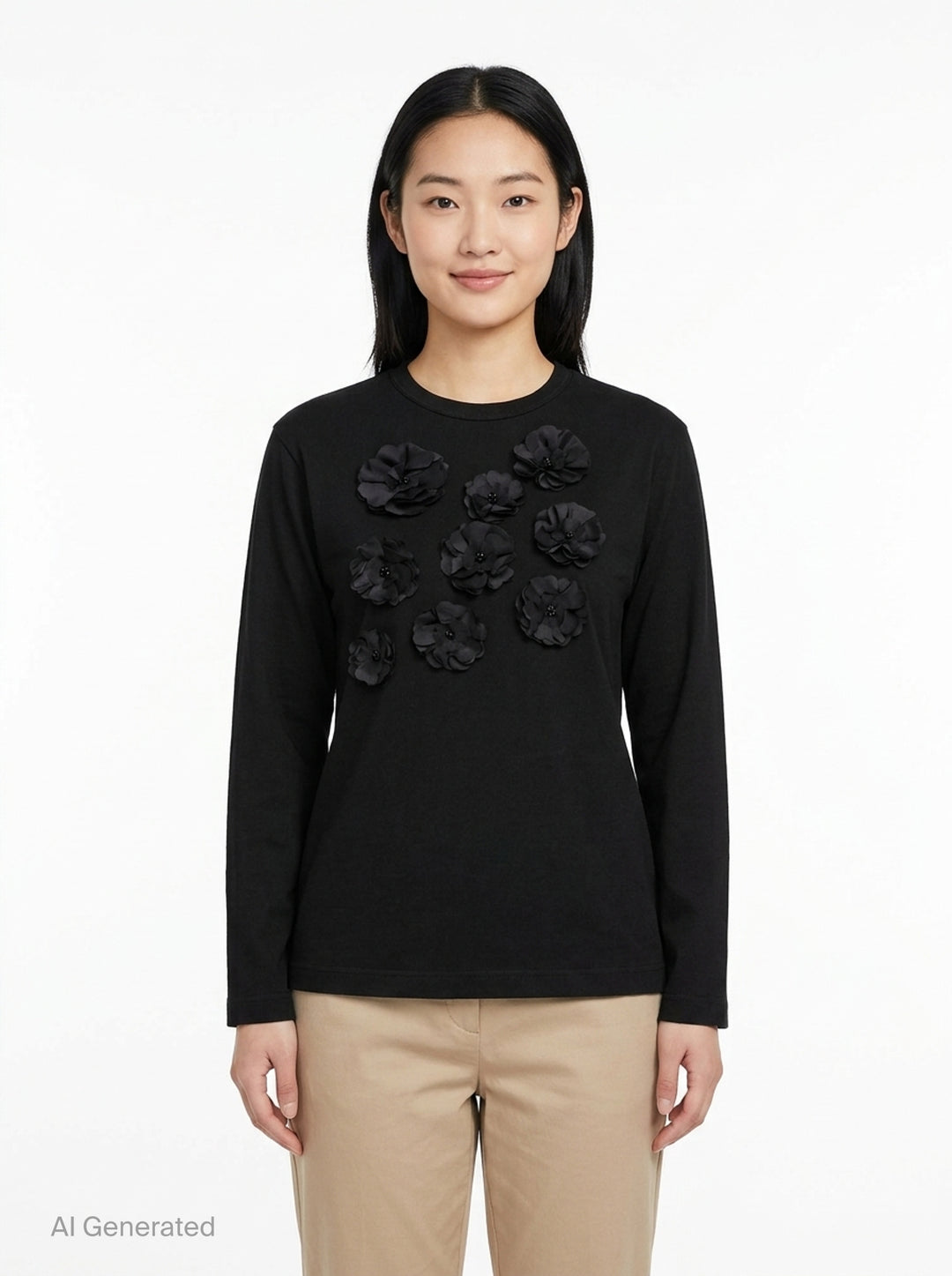 Tao black long sleeve crew neck top with nine tonal satin 3D floral appliqués and bead centres scattered across the chest, shot flat on a white background - front