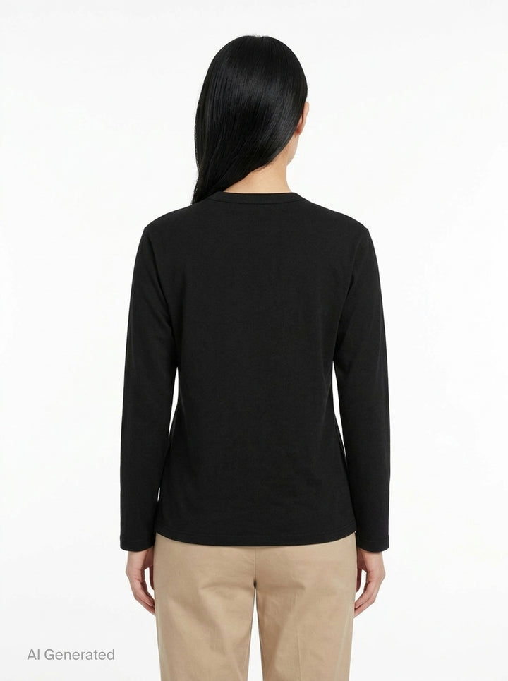Tao black long sleeve crew neck top with nine tonal satin 3D floral appliqués and bead centres scattered across the chest, shot flat on a white background - back