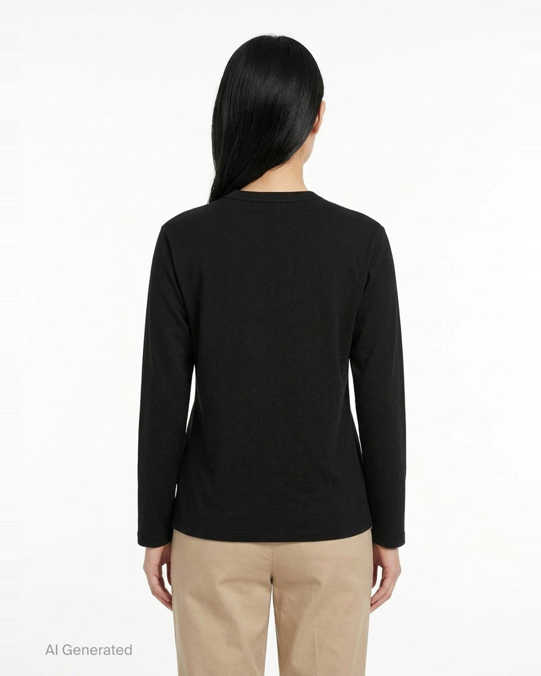 Tao black long sleeve crew neck top with nine tonal satin 3D floral appliqués and bead centres scattered across the chest, shot flat on a white background - back