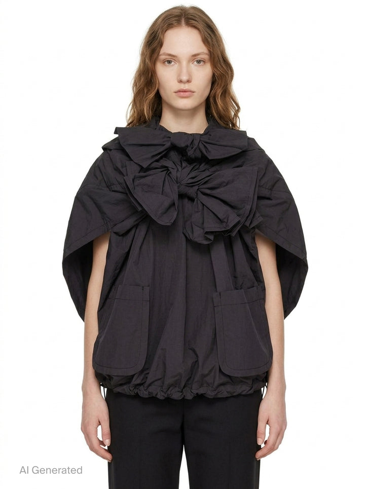 Tao structured cape top in dark charcoal with an oversized gathered bow at the neckline, patch pockets, and a drawstring elasticated hem, displayed on a plain white background - front